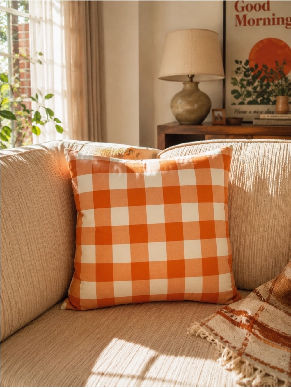 Vintage Orange White Check Accent Throw Toss Pillow Home Decor Bedding Couch